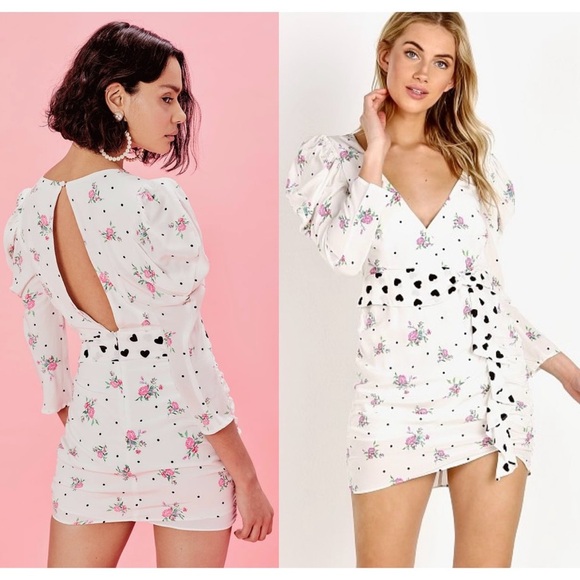 FOR LOVE LEMONS Floral Puff Sleeve Ruched Heart‎ Ruffle Belt Faux Wrap Dress XS - Picture 6 of 16